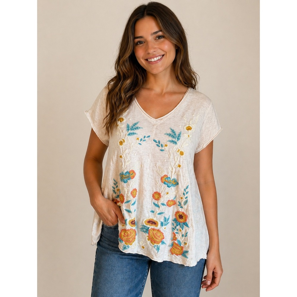 Caite Oatmeal Floral Embroidered V-Neck Cotton Tee Top Small